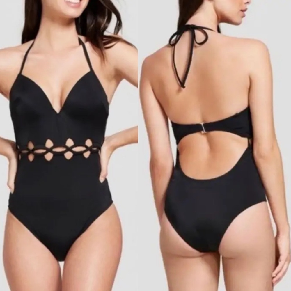 NWT Shade and Shore Black Plunge One Piece Swimsuit Size 34DD